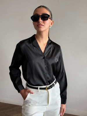 Black V-neck button-down shirt