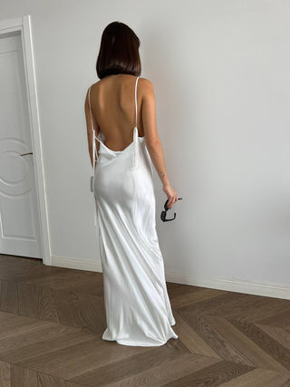 chinese dress ladies Elmas Maxi Dress | White | M | Cinched Pleated Waistline, Flowy Sleeves | Clothing