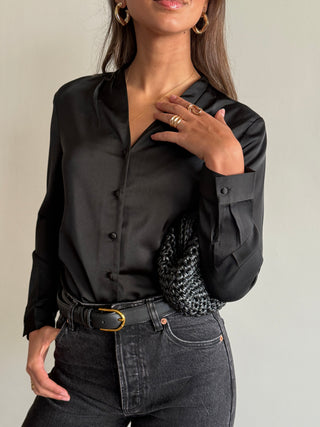 Black V-Neck Button-Down Shirt