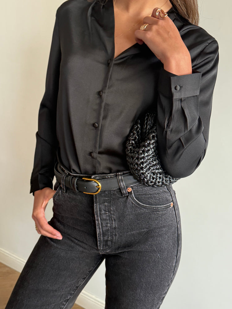Black V-neck button-down shirt