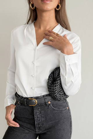 White V-Neck Button-Down Shirt